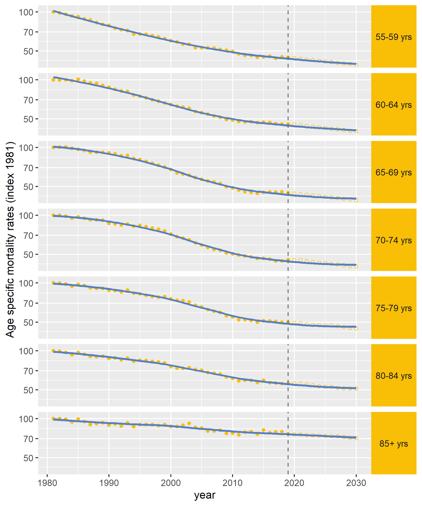 Age specific mortality rates in England and Wales 1981-2030