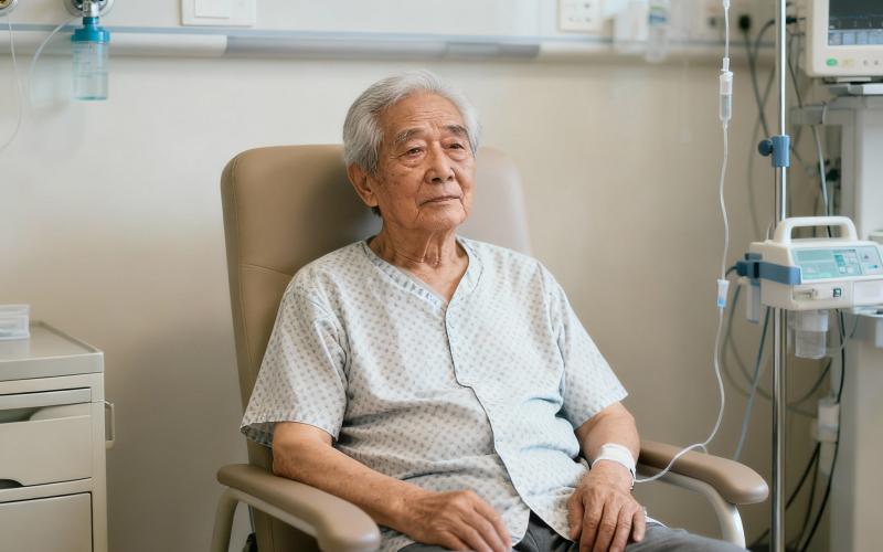 Elderly man sitting in a hospital chair, looking contemplative and wearing a hospital gown.