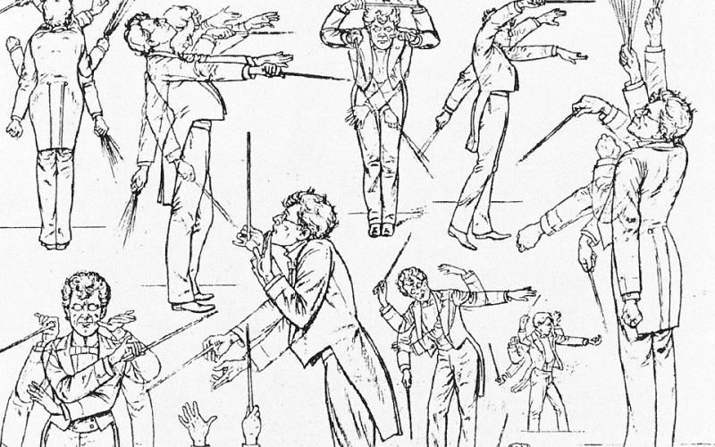 Caricature drawings satirising the conducting style of Gustav Mahler when he was director of the Vienna State Opera, 1897-1907