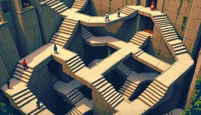 A digitally illustrated, isometric view of an impossible staircase labyrinth inspired by M.C. Escher, rendered in a painterly style. Stone staircases loop and intersect in paradoxical, gravity-defying configurations within a deep stone structure. Several small human figures in colourful clothing are scattered across the staircases, appearing to walk in different directions. Vines and small plants grow along the upper edges of the walls, and the overall co
