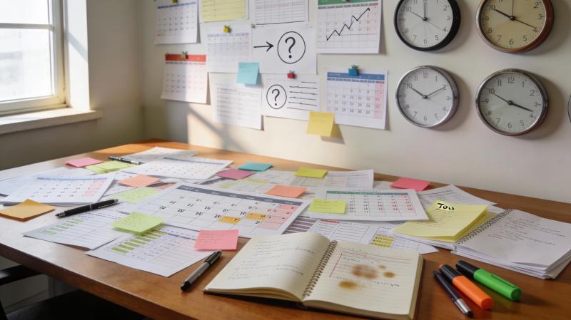 Realistic office table cluttered with scattered calendars, colourful sticky notes, and overlapping handwritten plans, with coffee stains and multiple wall clocks showing different times.