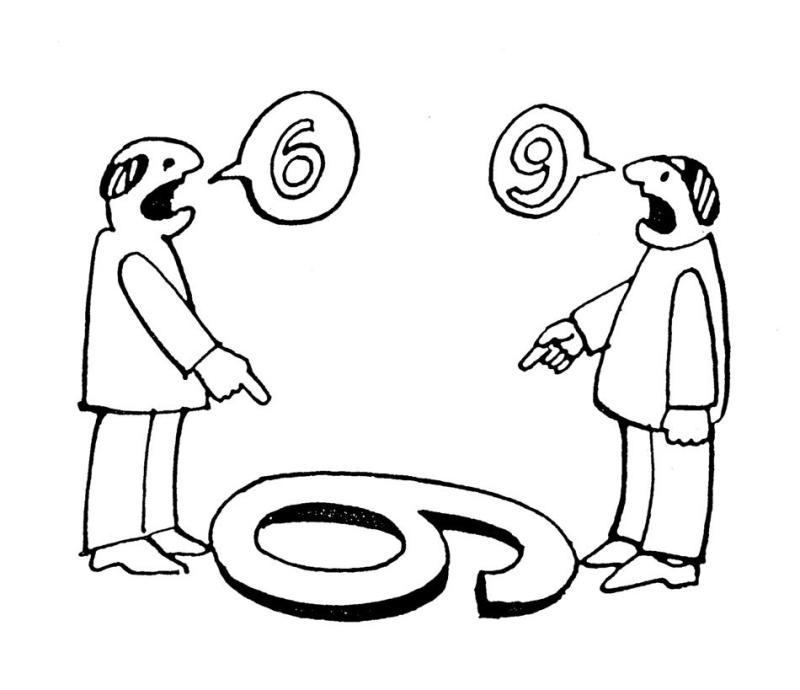 Two people stand on opposite sides of a number on the ground; one sees a 6, the other sees a 9, each pointing and stating their perspective.