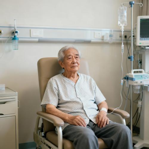 Elderly man sitting in a hospital chair, looking contemplative and wearing a hospital gown.