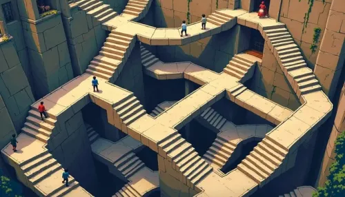 A digitally illustrated, isometric view of an impossible staircase labyrinth inspired by M.C. Escher, rendered in a painterly style. Stone staircases loop and intersect in paradoxical, gravity-defying configurations within a deep stone structure. Several small human figures in colourful clothing are scattered across the staircases, appearing to walk in different directions. Vines and small plants grow along the upper edges of the walls, and the overall co