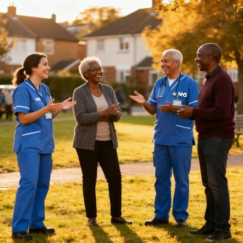 2. Several individuals wearing scrubs discussing among themselves in outdoor setting.