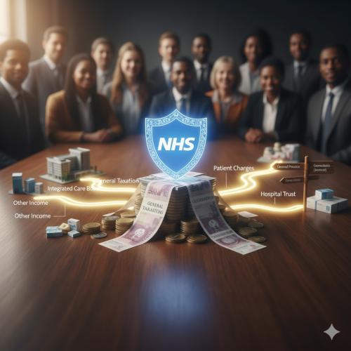A group of professionals sits at a table with charts, coins, and currency, illustrating NHS funding sources and allocations.