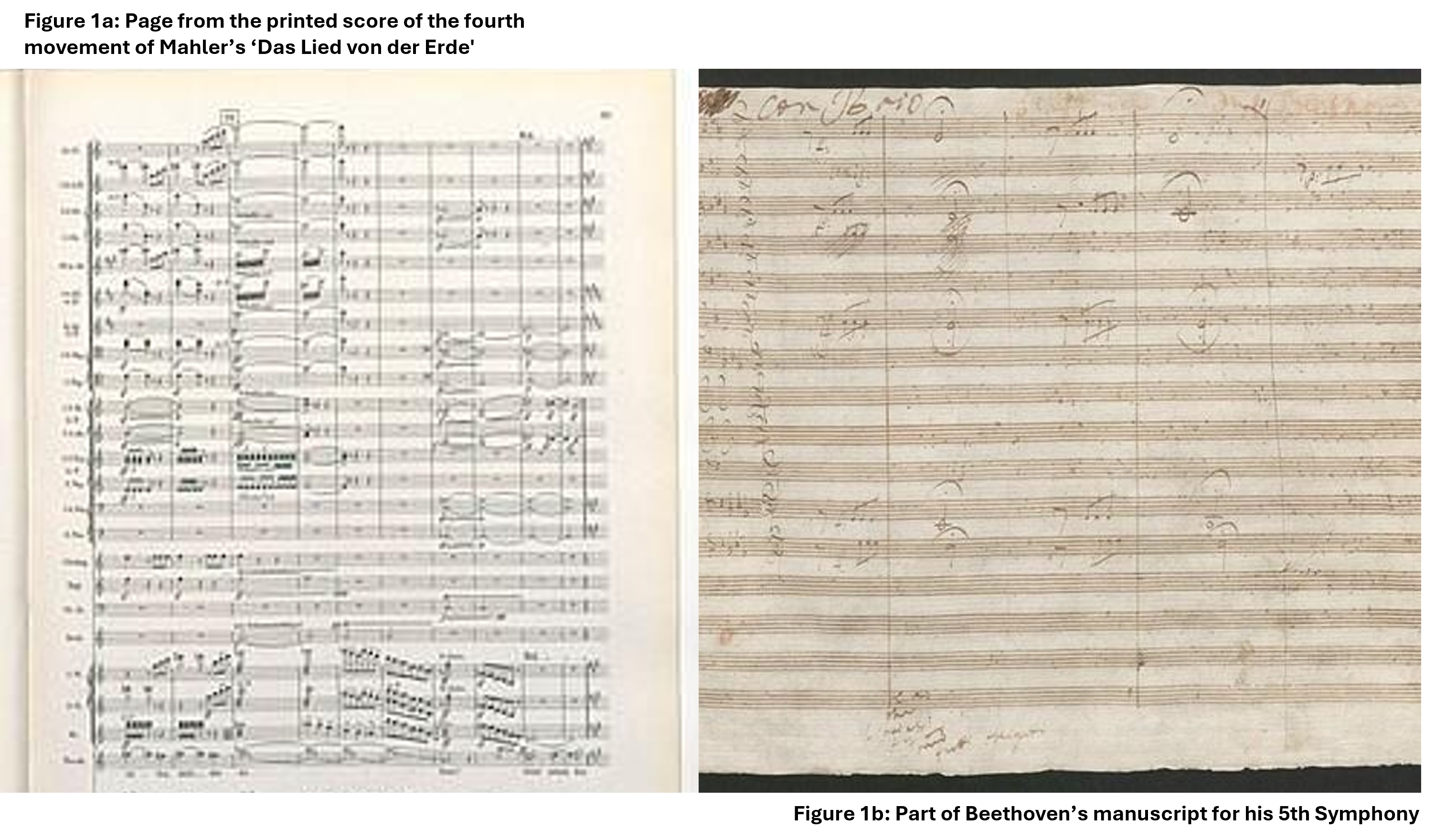 Side-by-side image of two musical scores: left, a modern printed score with detailed notes; right, an old handwritten score, showing aged paper and sparse notation.